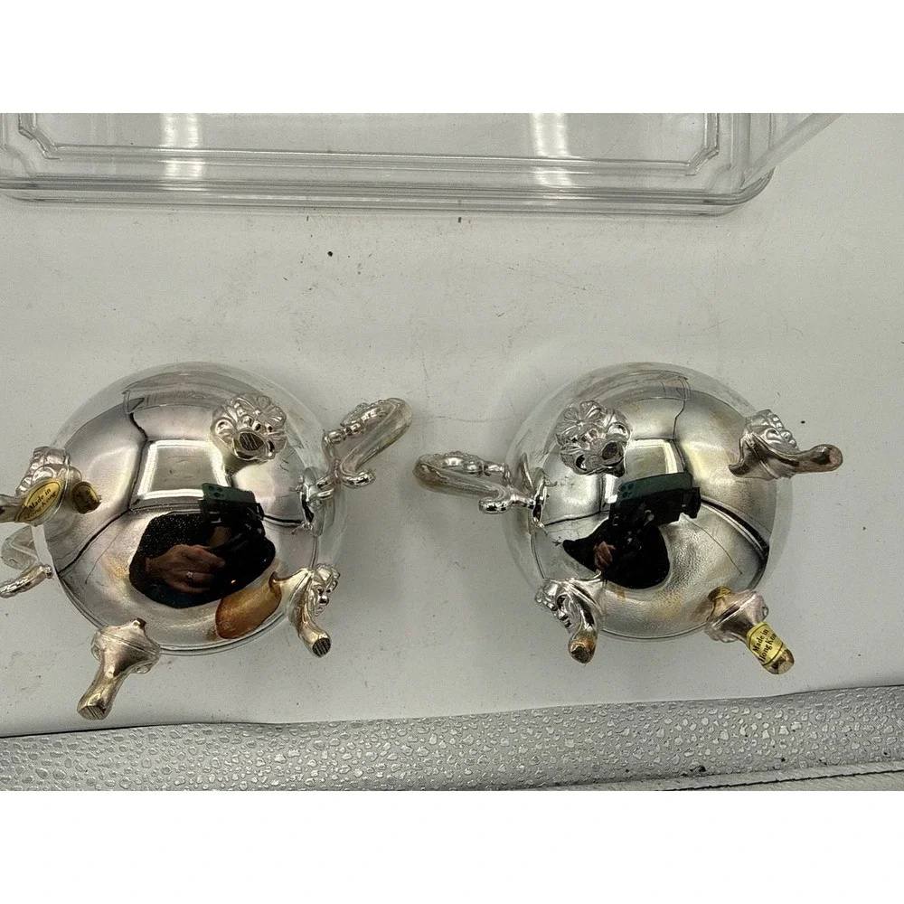Vintage Silver Plated Creamer Open Sugar Bowl Set Ornate Scroll Handle Footed